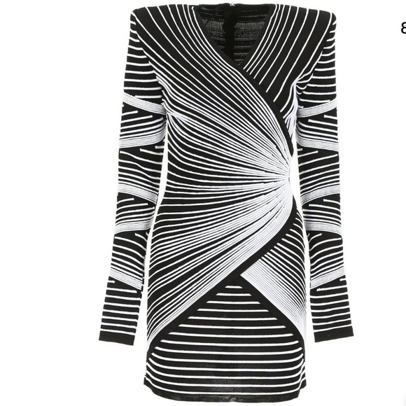 Balmain | Dresses | Balmain Black White Optical Effect Faux Wrap Dress ...